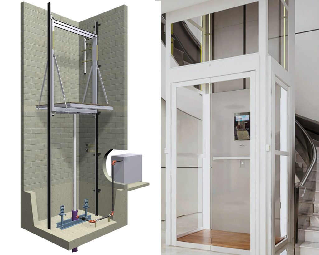 These lifts use a hydraulic fluid when the piston is moved, the elevator car moves the top and bottom of the building based on piston motion. It has less capacity to move tall buildings. So, They are suitable for low to mid-rise buildings.